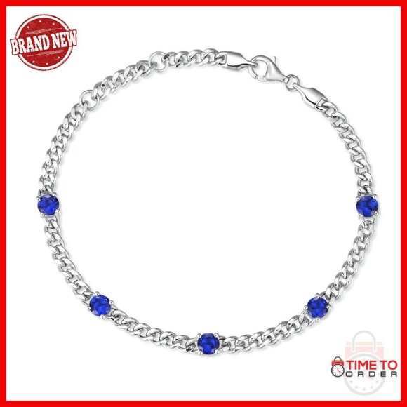 Sterling Silver 3.6mm Cuban Link Bracelet with Gemstone Adjustable 7.87